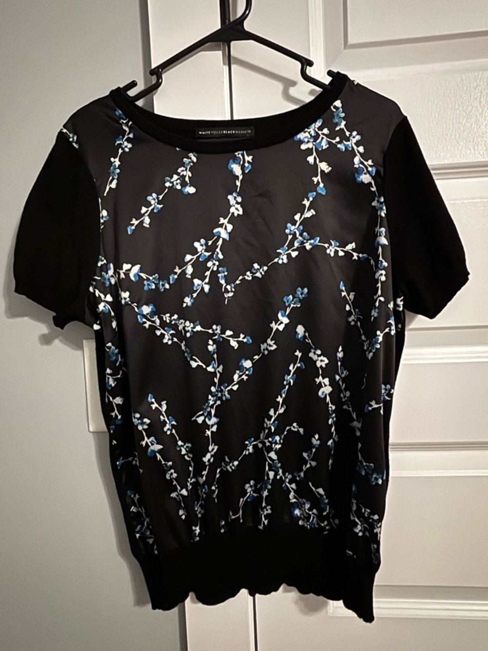 White House Black Market Black Short Sleeve Top with Blue and White Floral Print